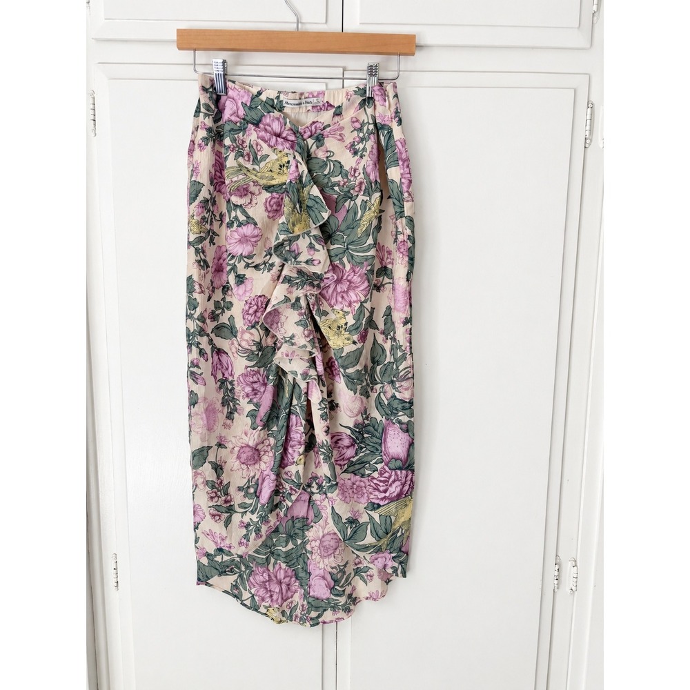 Abercrombie & Fitch Floral Bird Print Ruffle Midi Skirt Small Cream Purple NEW
